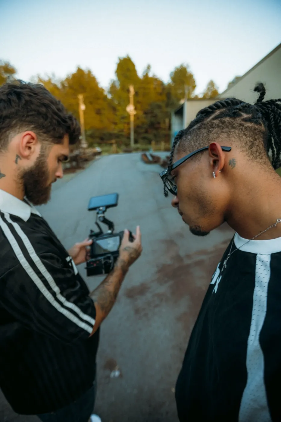 Reviewing footage on set